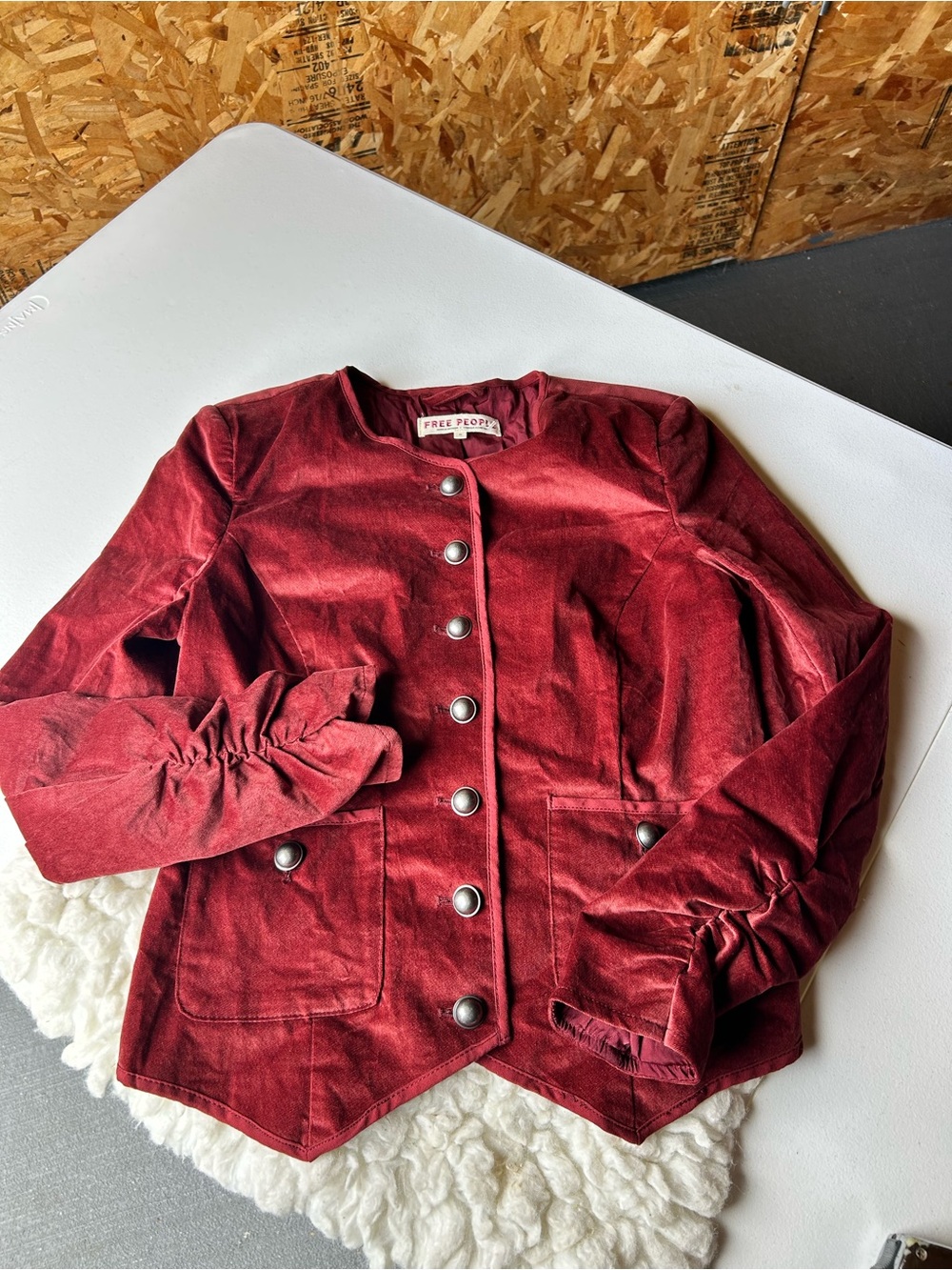 Free People Burgundy Velvet Button-Front Blazer